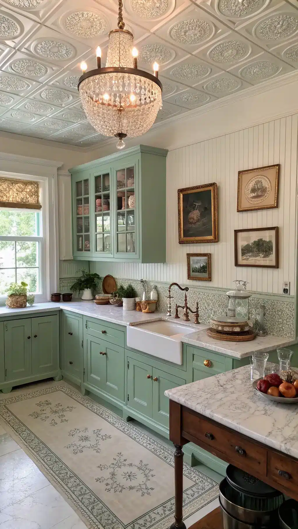 Victorian-style kitchen with mint green beadboard cabinets...