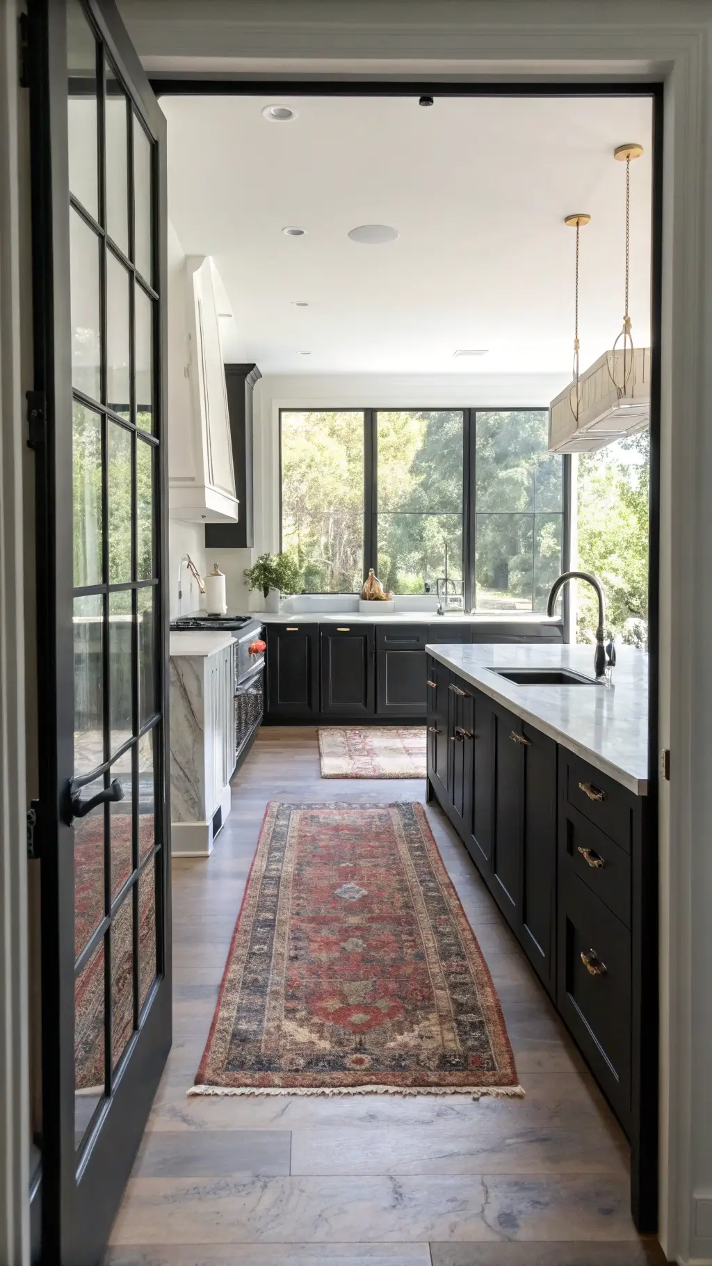 Bright morning light illuminating a 12x18ft kitchen with matte black distressed cabinets, white marble waterfall island, oversized windows, and vintage Persian rug, viewed from a doorway perspective.