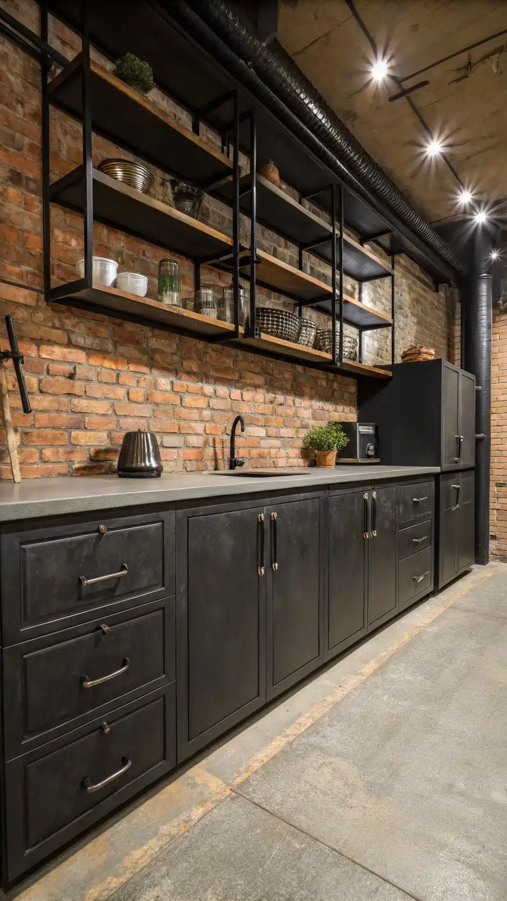 Low angle view of a 15x15ft industrial rustic kitchen featuring black metal-faced cabinets with leather pull handles, concrete countertops, exposed brick wall with floating black metal shelves, and dramatic spot lighting.