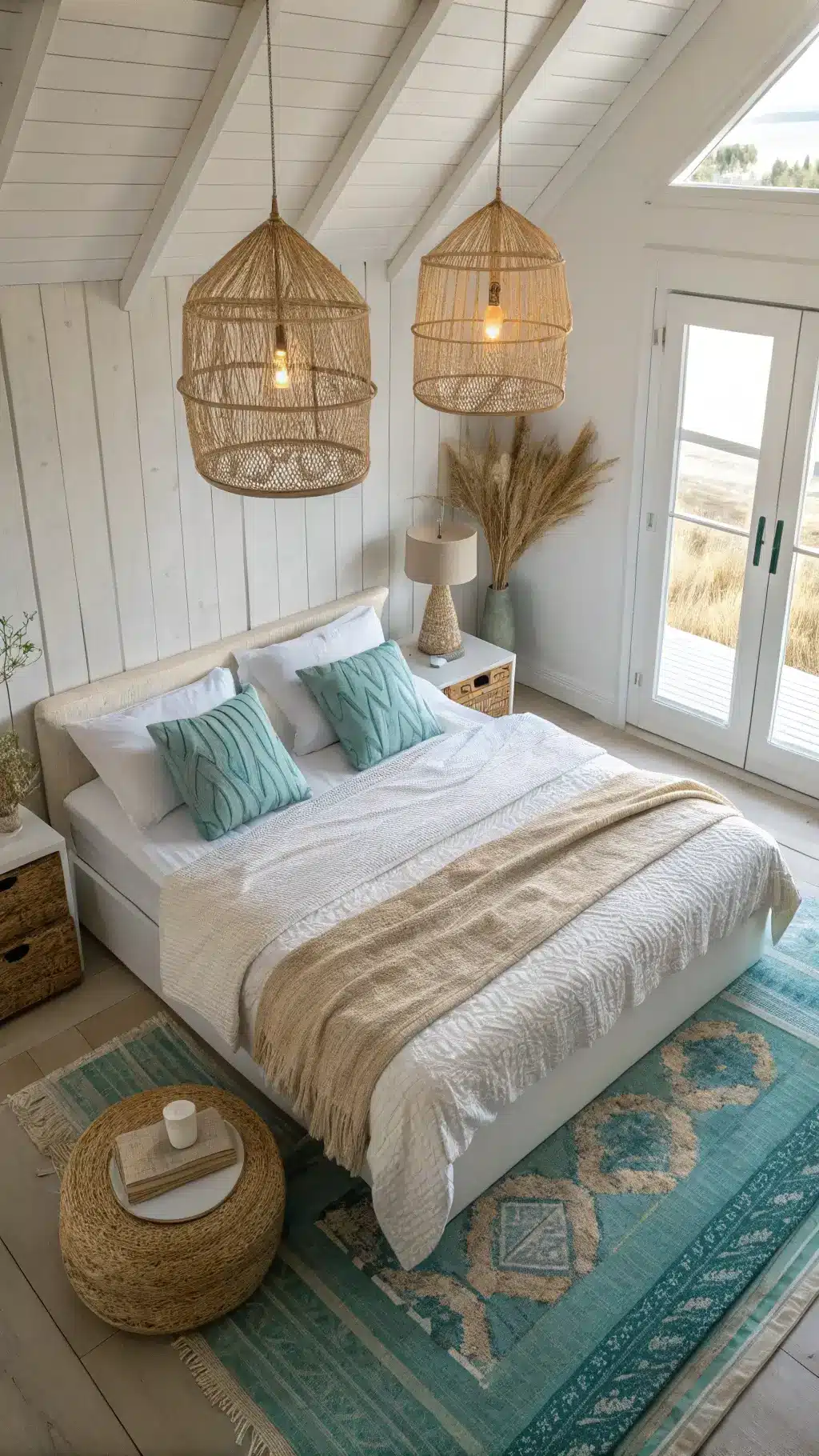 Aerial view of coastal-themed bedroom featuring a white slip-covered bed, textured neutral and blue bedding, rattan pendants, a vintage blue runner, and white ceramic vessels with coastal grasses.