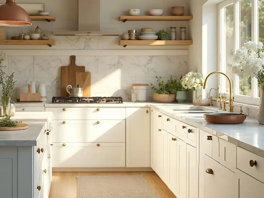 "Modern kitchen with alabaster shaker cabinets, Carrara marble countertops, brass hardware, and natural wood accents bathed in golden hour light"