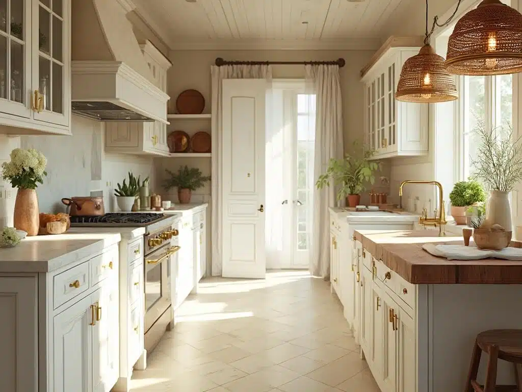 "Antique white kitchen cabinets with marble countertops and brass hardware in sun-drenched setting"