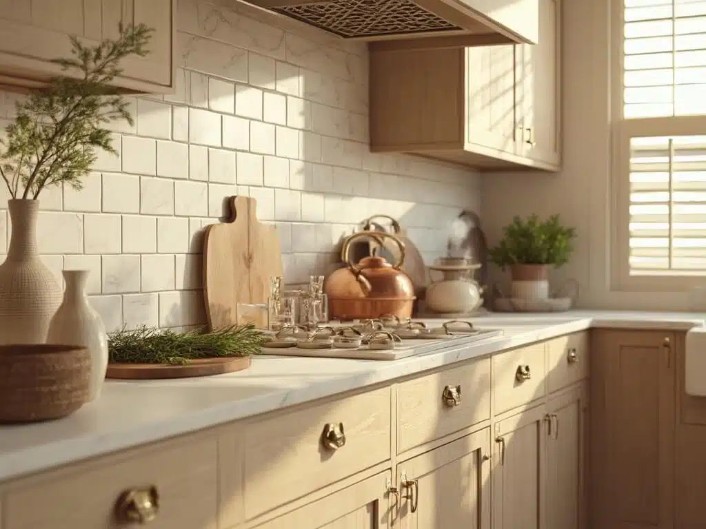 "Beige Shaker-style kitchen with brass hardware, marble countertops, wooden cutting boards, and ceramic vases on a clean background"