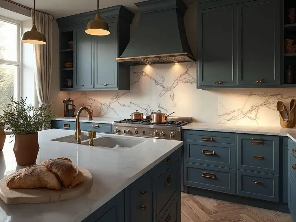 "Sophisticated kitchen with blue-grey cabinets, brass hardware, marble backsplash, herringbone wood floor, and detailed decor including copper cookware and fresh rosemary"