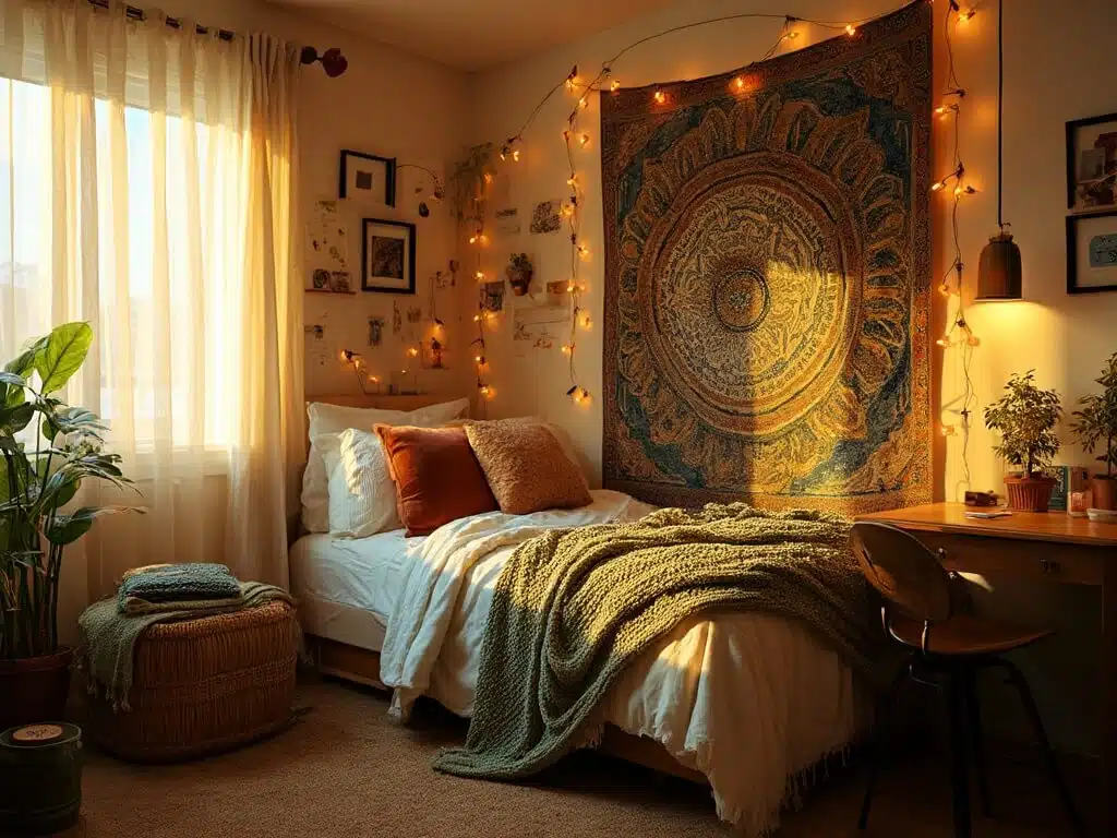 "Bohemian style dorm room bathed in golden hour light with mandala tapestry, fairy lights, layered textiles on bed, succulent plants on desk, and gallery wall of black-framed prints."