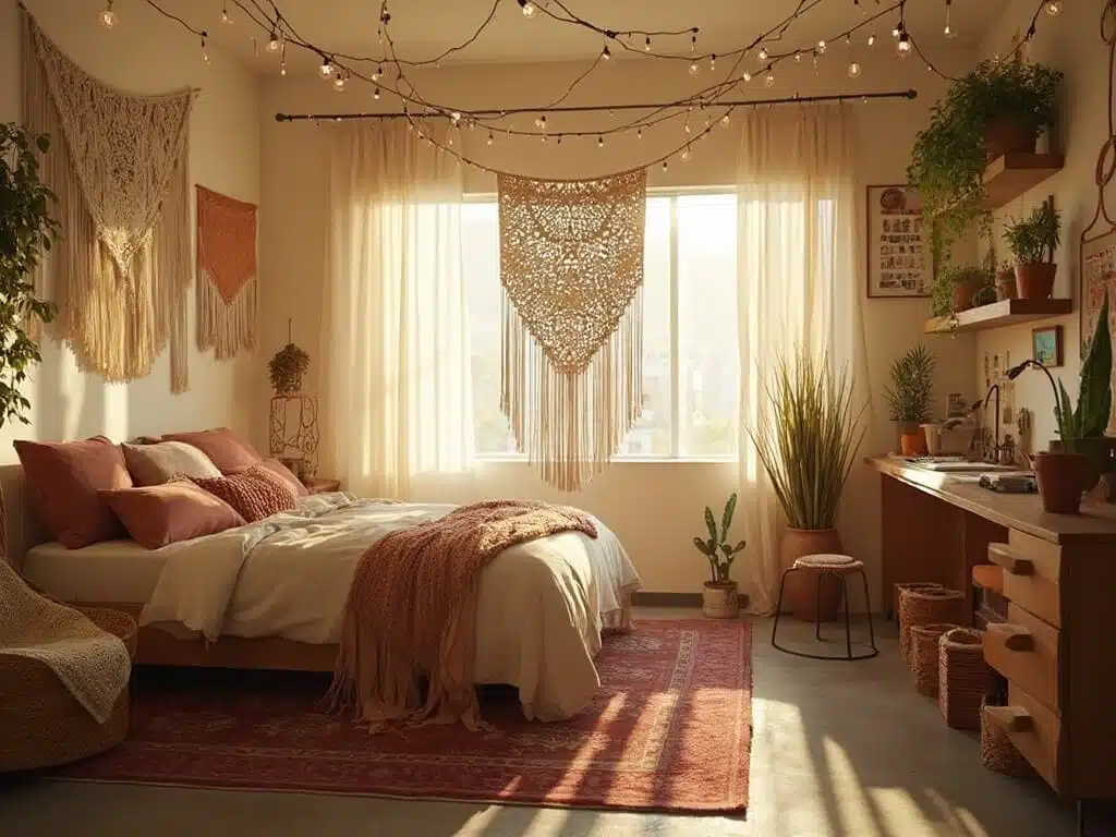 "Bohemian dorm room with macramé tapestry, plants, fairy lights, vintage rug, and minimalist wooden desk during golden hour"