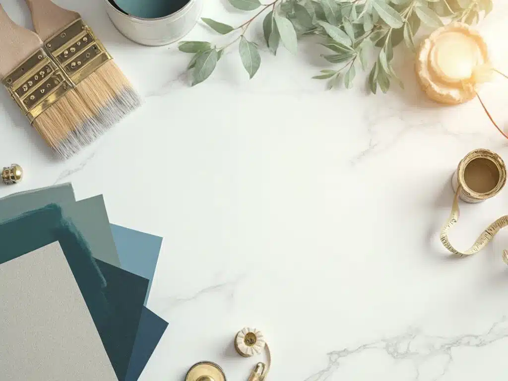 "Overhead shot of cabinet makeover essentials including paint brushes, hardware, color swatches, primer, and accessories on a white marble surface"