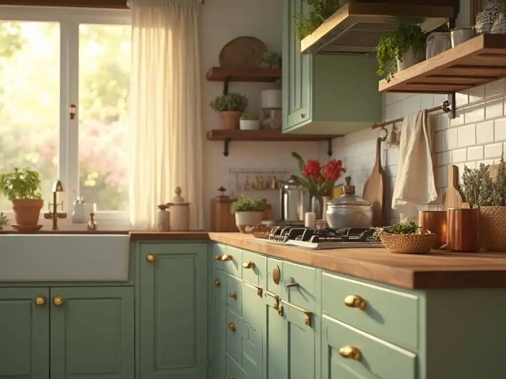"Clary Sage kitchen cabinets with brass hardware, walnut butcher block, white subway tile backsplash, and rustic kitchen accessories in natural light"