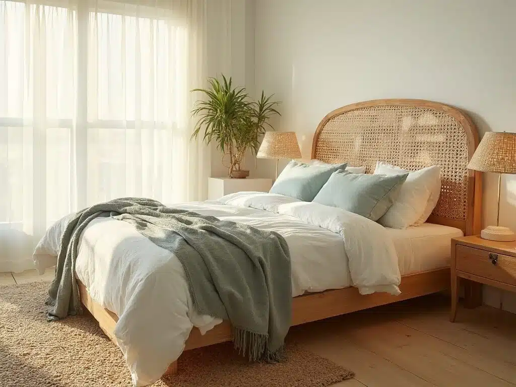 "Modern coastal bedroom with cane headboard, jute rug, linen bedding and palm plant in morning sunlight."