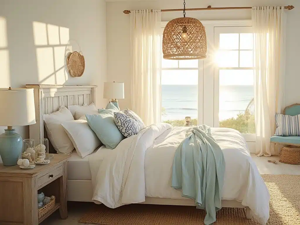 "Sun-drenched coastal bedroom with whitewashed furniture, sea blue textiles, and vintage decor during golden hour"