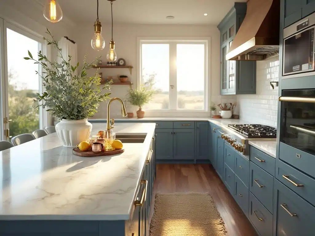 "Modern coastal kitchen with blue-gray shaker cabinets, brass hardware, white marble island, and natural light streaming through the windows."