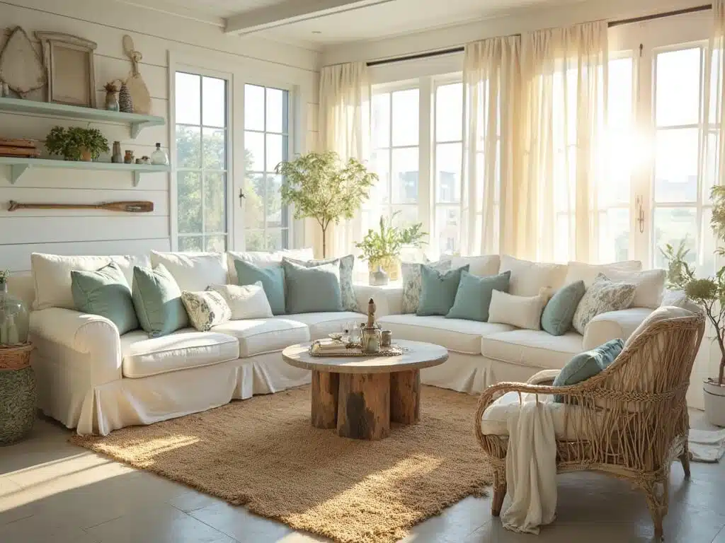 "Coastal cottage living room with white slipcover sofa, ocean blue pillows, woven textures, and bright airy background"