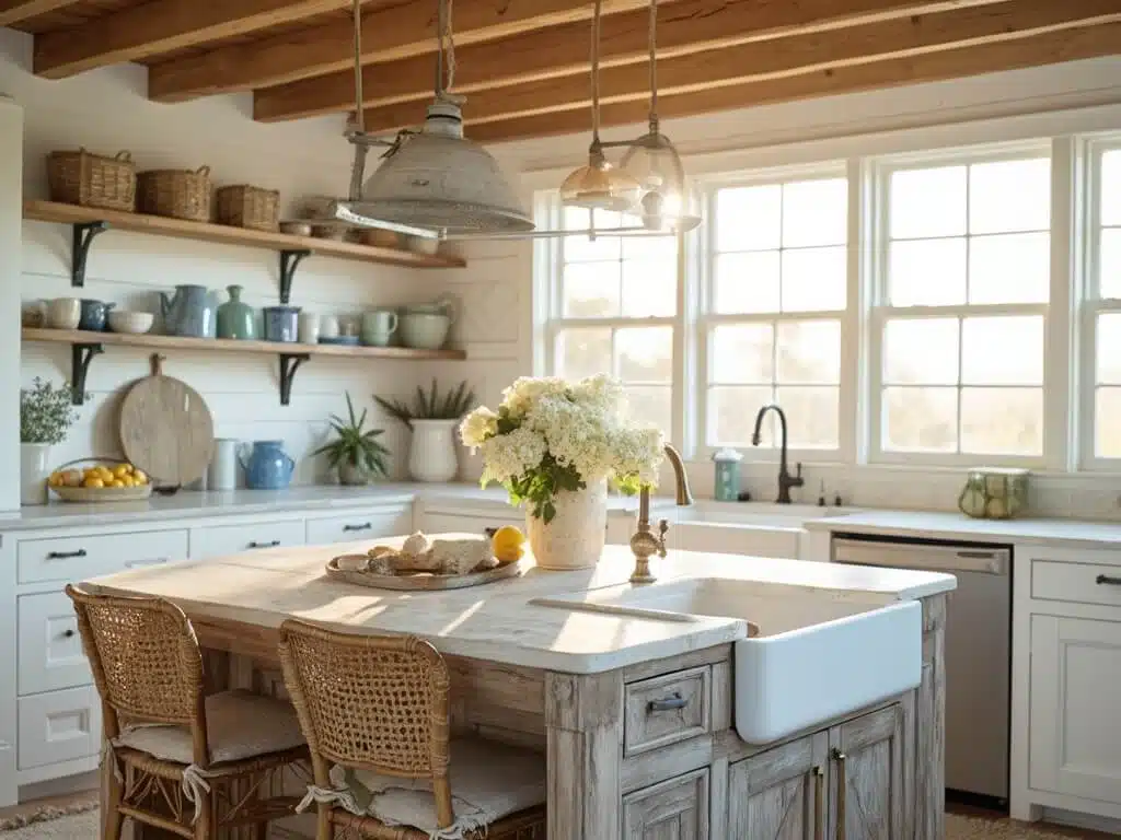 "Sunlit coastal farmhouse kitchen with white shiplap walls, reclaimed wood island, apron sink, and rustic decor."