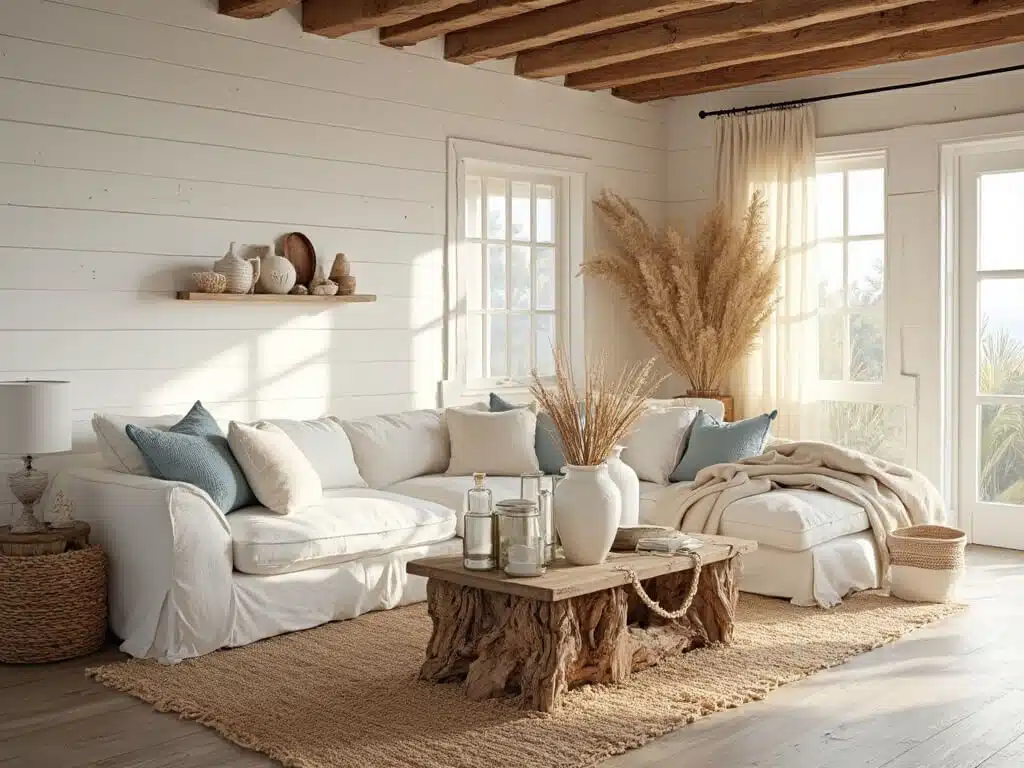 "Coastal farmhouse living room with white linen sofa, driftwood coffee table, jute rug, and ceramic vases on a light and airy background"