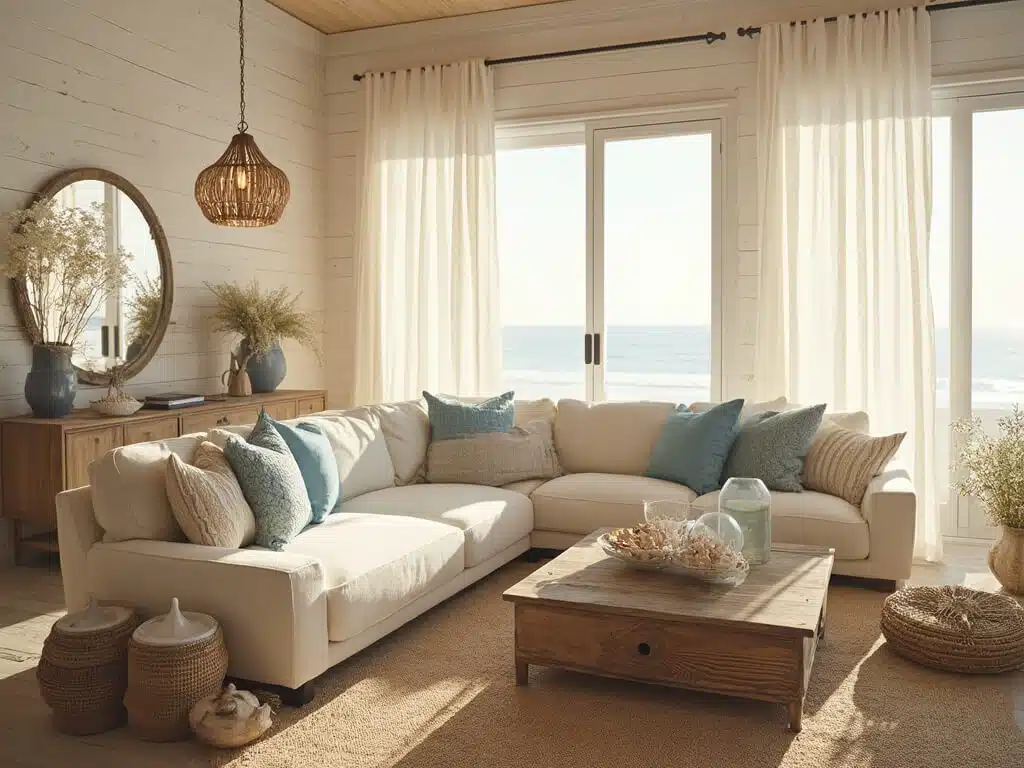 "Coastal living room with cream linen sofa, azure pillows, driftwood coffee table, rattan pendant lights, white curtains, shiplap walls, jute area rug, round mirror, hydrangeas in ceramic vases, and woven baskets during golden hour"