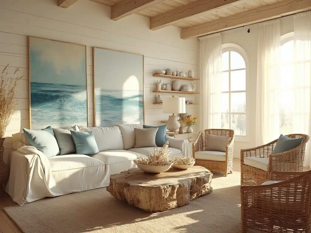 "Coastal living room bathed in golden hour sunlight, adorned with cream sofa, driftwood coffee table, rattan chairs, and abstract ocean artwork, with an emphasis on natural materials and colors mimicking seaside living."