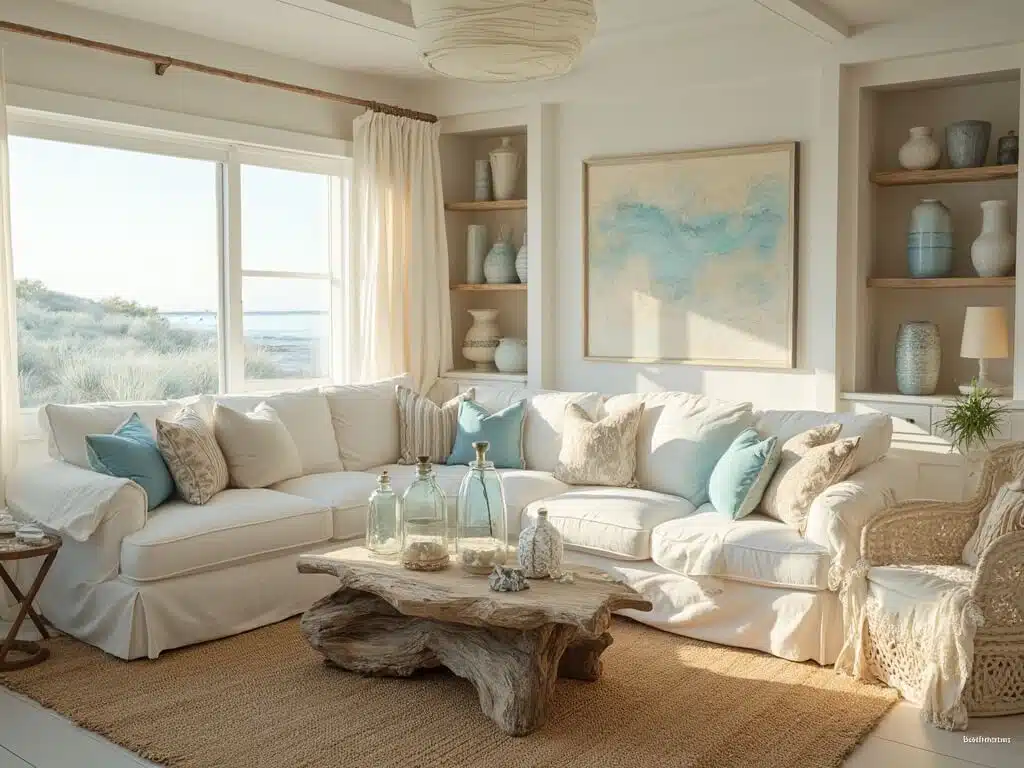 Coastal living room with white linen sofas, rattan accents, driftwood coffee table, jute rug, and ocean blue pillows on whitewashed floors during golden hour.
