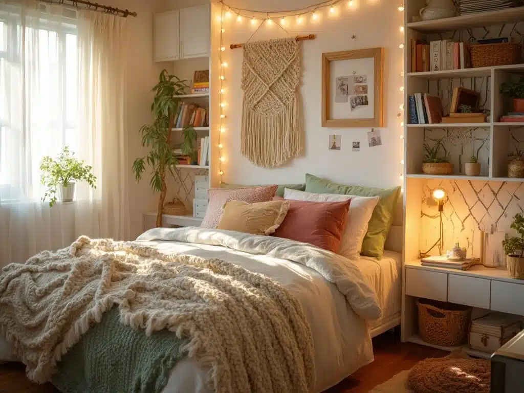 "Cozy and stylish boho cottagecore dorm room with layered textiles, wall hangings, string lights, colorful textbooks, potted plants, flush velvet pillows, and a minimalist desk setup."