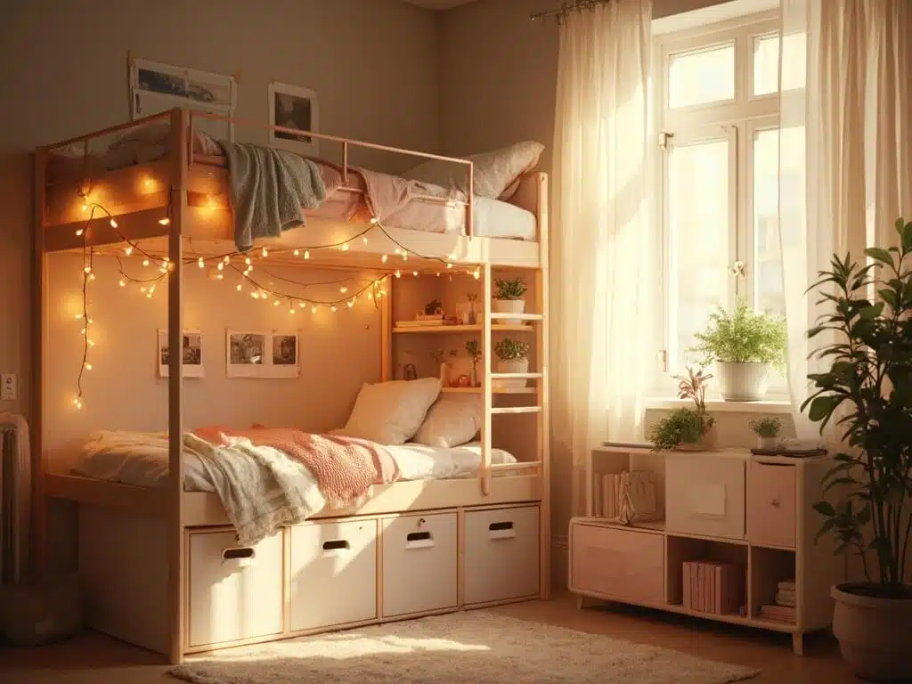 "Cozy dorm room corner with lofted bed, fairy lights, organized white storage cubes, succulent plants on floating shelves, blush and sage throw blankets, and polaroid photos on wall in golden hour sunlight."
