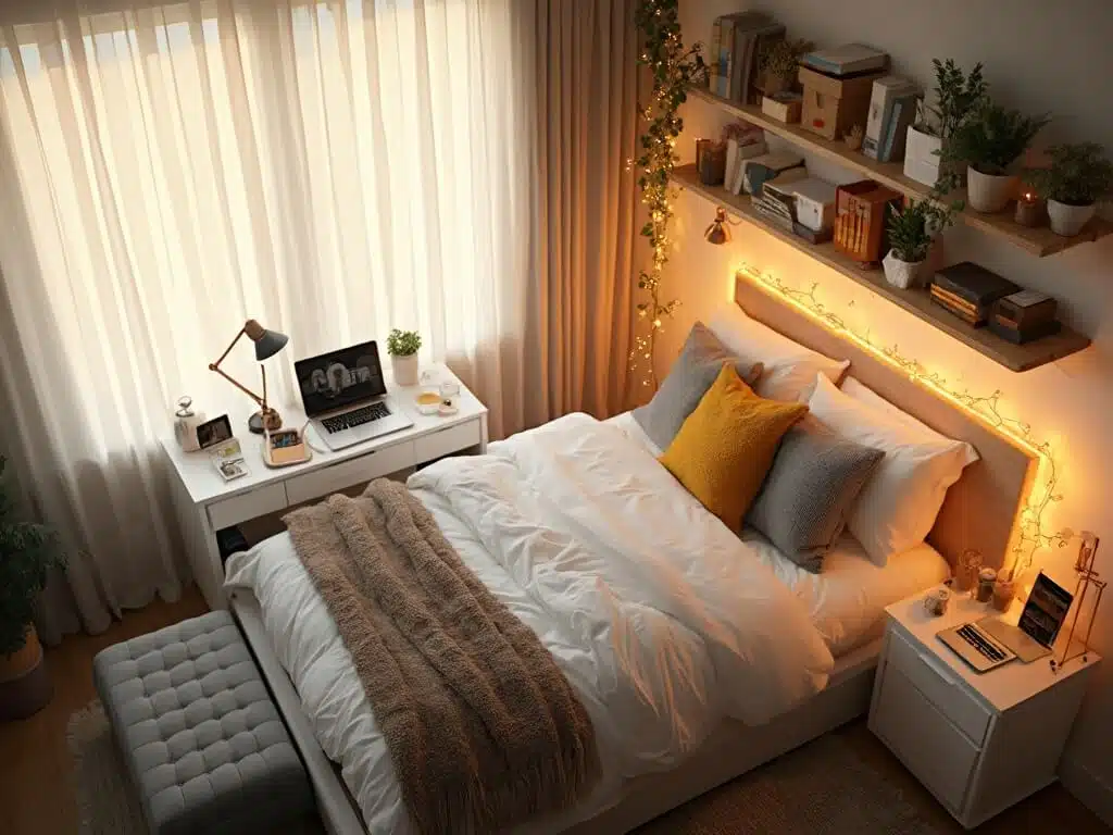 "Cosy dorm room transformation bathed in golden hour sunlight featuring fairy lights, storage ottoman, minimalist desk with laptop and succulents, white curtains, and warm color palette"