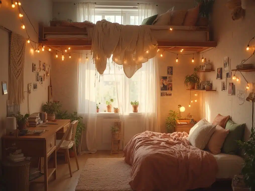"Transformed college dorm room with lofted bed, layered bedding, fairy lights, succulents display, cozy reading nook, desk area, macramé wall texture, polaroid gallery, and warm lighting effects during golden hour."