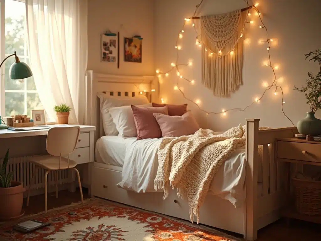 Stylized dorm room with fairy lights, layered textiles, personal touches, and warm sunlight.