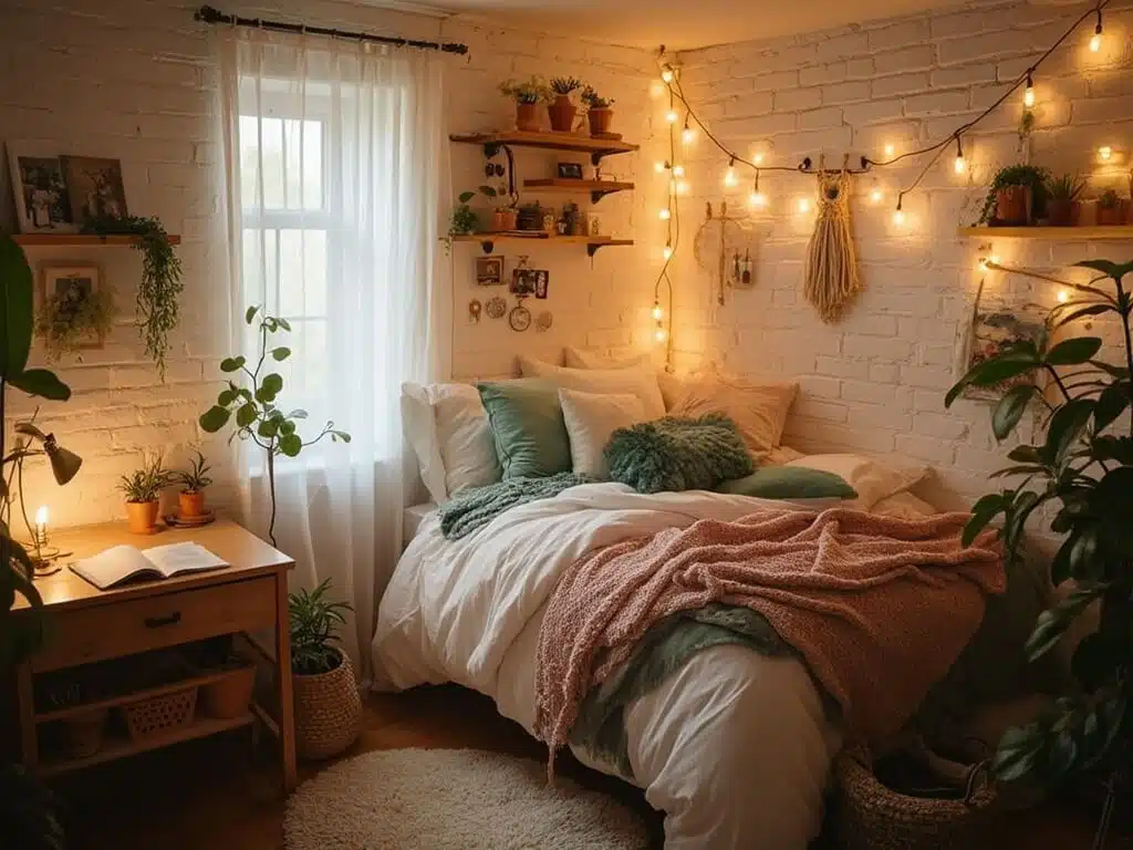 "Cozy dorm room with fairy lights, plush bedding in neutral hues, and well-organized desk area during golden hour."