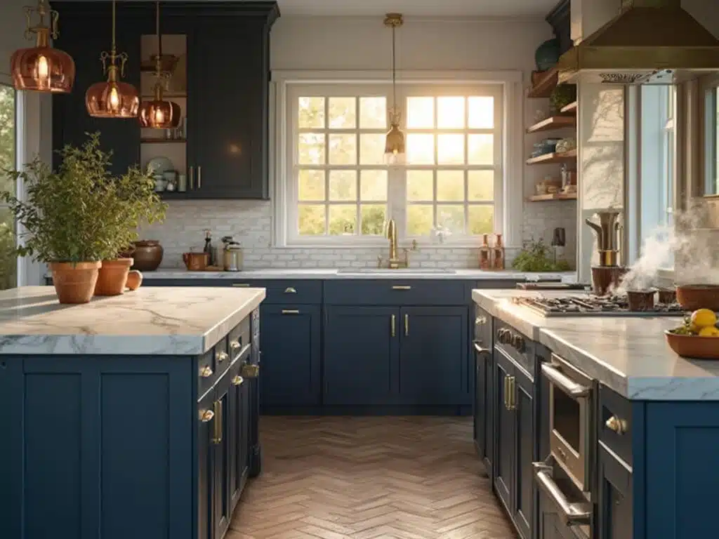 "Navy blue kitchen cabinets with brass hardware, white marble island, and vintage lighting during golden hour"