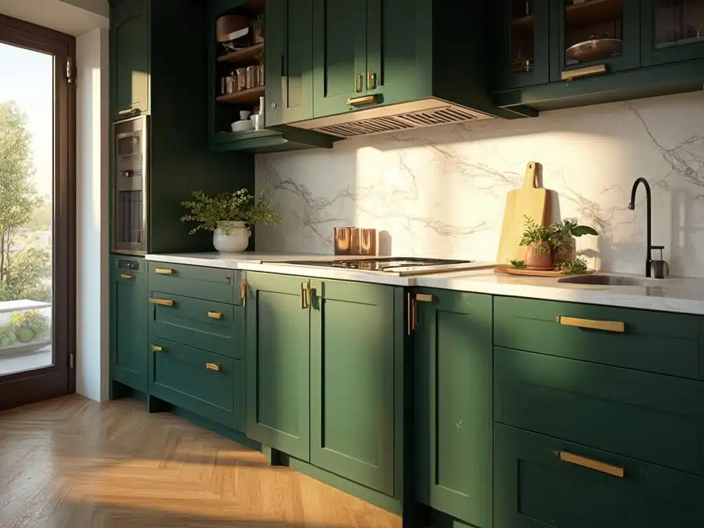 "Luxurious modern kitchen with dark green cabinets, brass hardware, marble countertops, and warm oak flooring during golden hour"