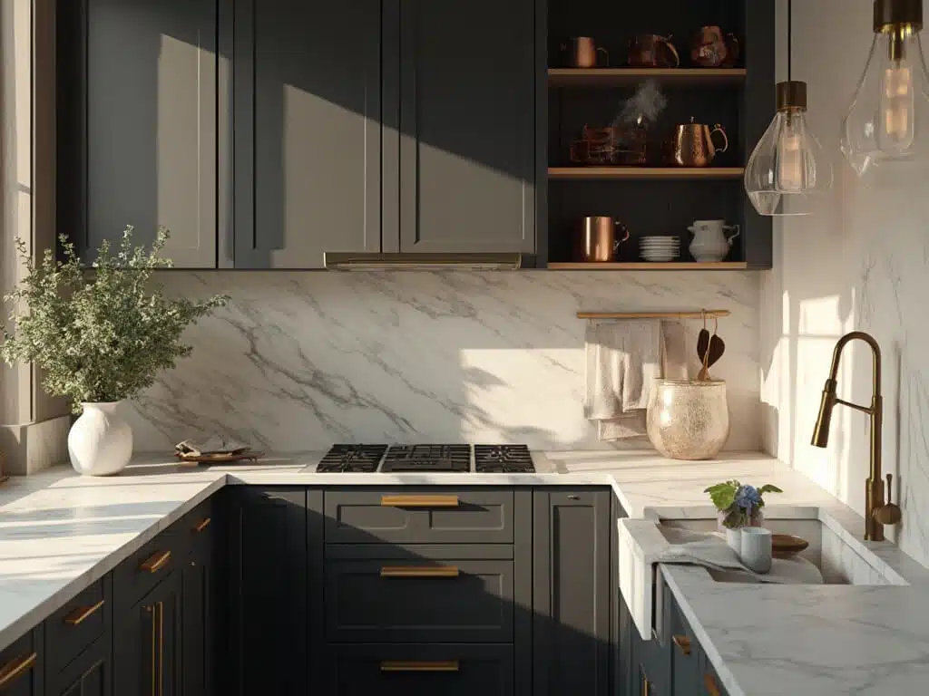 "Luxurious kitchen with dark grey cabinets, brass hardware, marble countertops, and warm morning light"