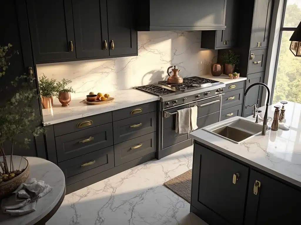 "Luxurious kitchen with dark cabinets, marble countertops, brass hardware, and stylish décor in golden hour lighting"