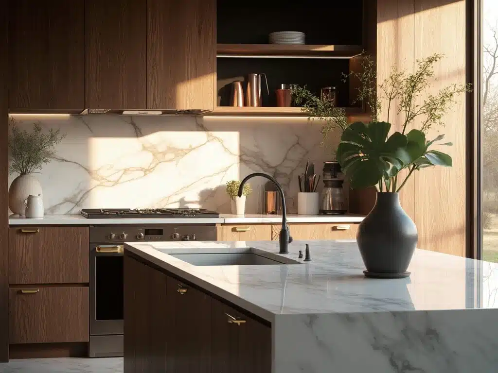 "Luxurious modern kitchen with dark oak cabinets, white marble island, brass hardware, and golden hour lighting"