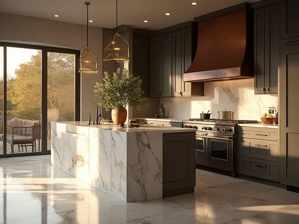 "Luxurious kitchen with dark taupe cabinets, marble waterfall island, and warm white oak floors bathed in golden hour light"