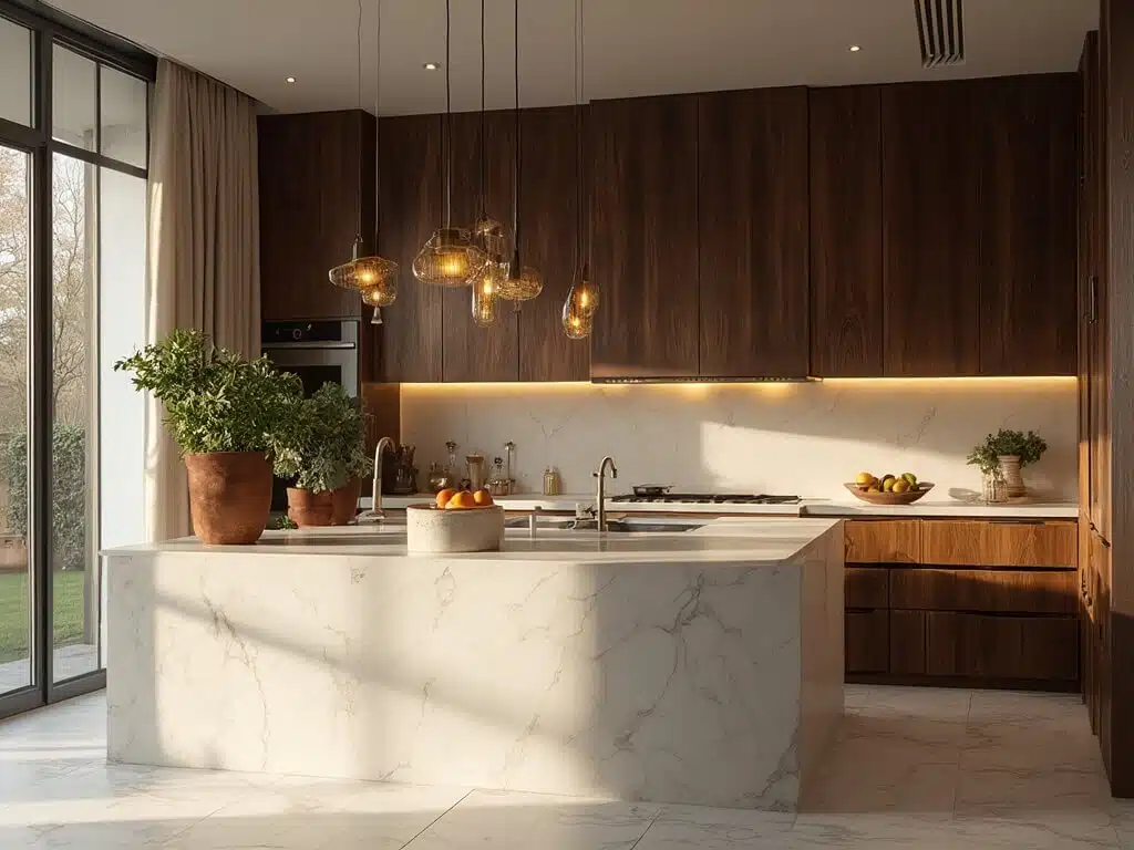 "Luxurious modern kitchen with dark walnut cabinets, white Carrara marble island, brass pendant lights, and golden hour sunlight"