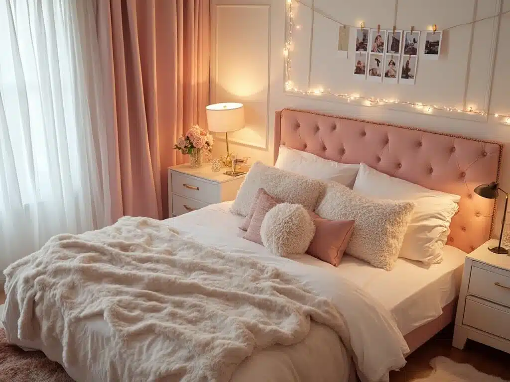 "Dorm room corner with pink velvet headboard, cream and rose-gold bedding, fairy lights, brass lamp, makeup trays, fresh peonies, marble desk and ivory rug, decorated with polaroid photos, lit by window and artificial lighting"