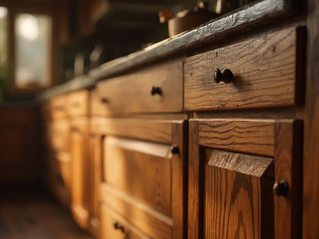 "Detailed close-up of hickory kitchen cabinets showcasing dramatic wood grain textures and warm lighting"