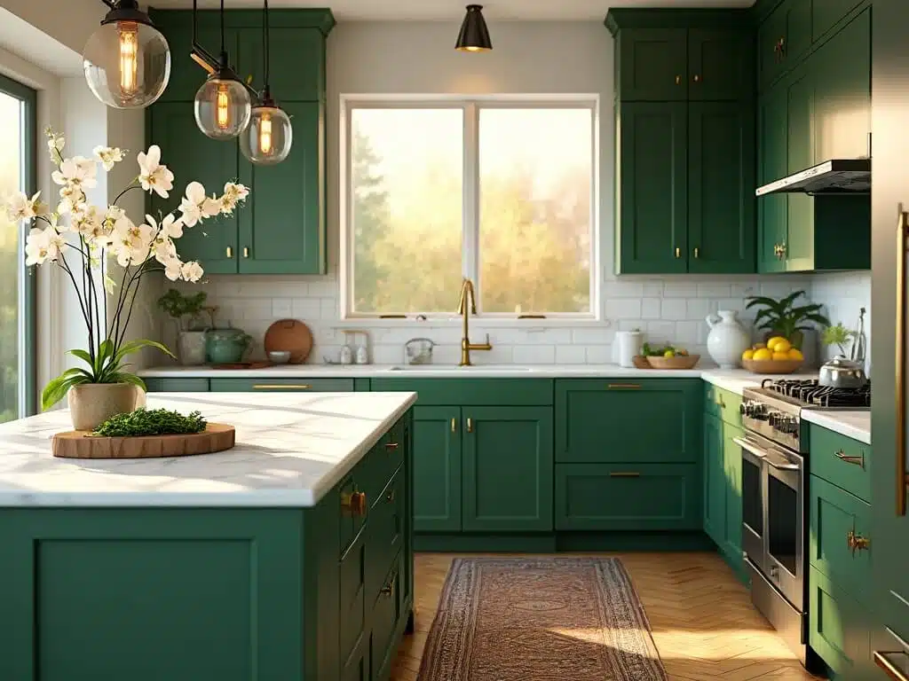"Sunlit modern kitchen with emerald green cabinets, brass hardware, Carrara marble countertops and island, fresh herbs, oak flooring, and botanical accents."