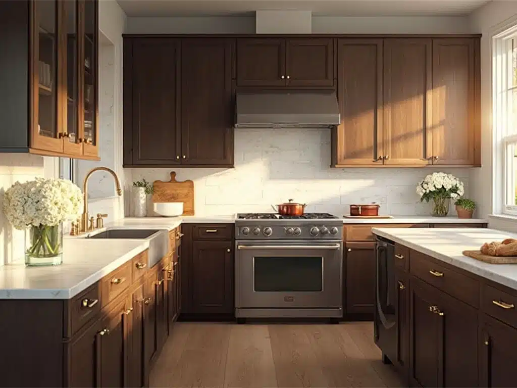 "Espresso kitchen cabinets with white quartz marble countertops and brass fixtures in a clean, well-lit interior"