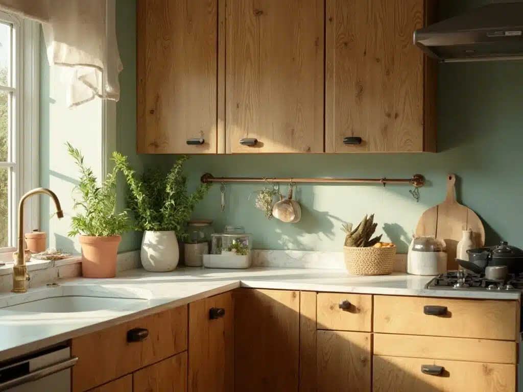 "Cinematic kitchen interior with golden oak cabinets, sage green walls, black hardware, marble counters, and warm morning light"