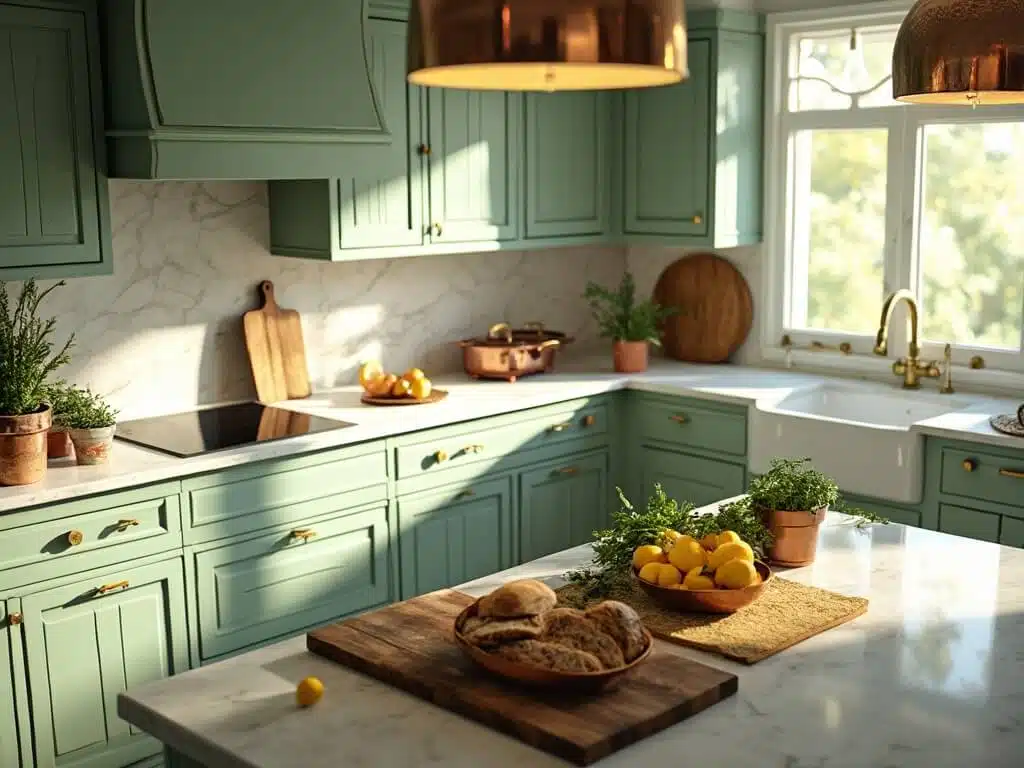"Sunlit kitchen with sage green cabinets, Carrara marble countertops, copper cookware, and fresh herbs in terracotta pots on a butcher block island."