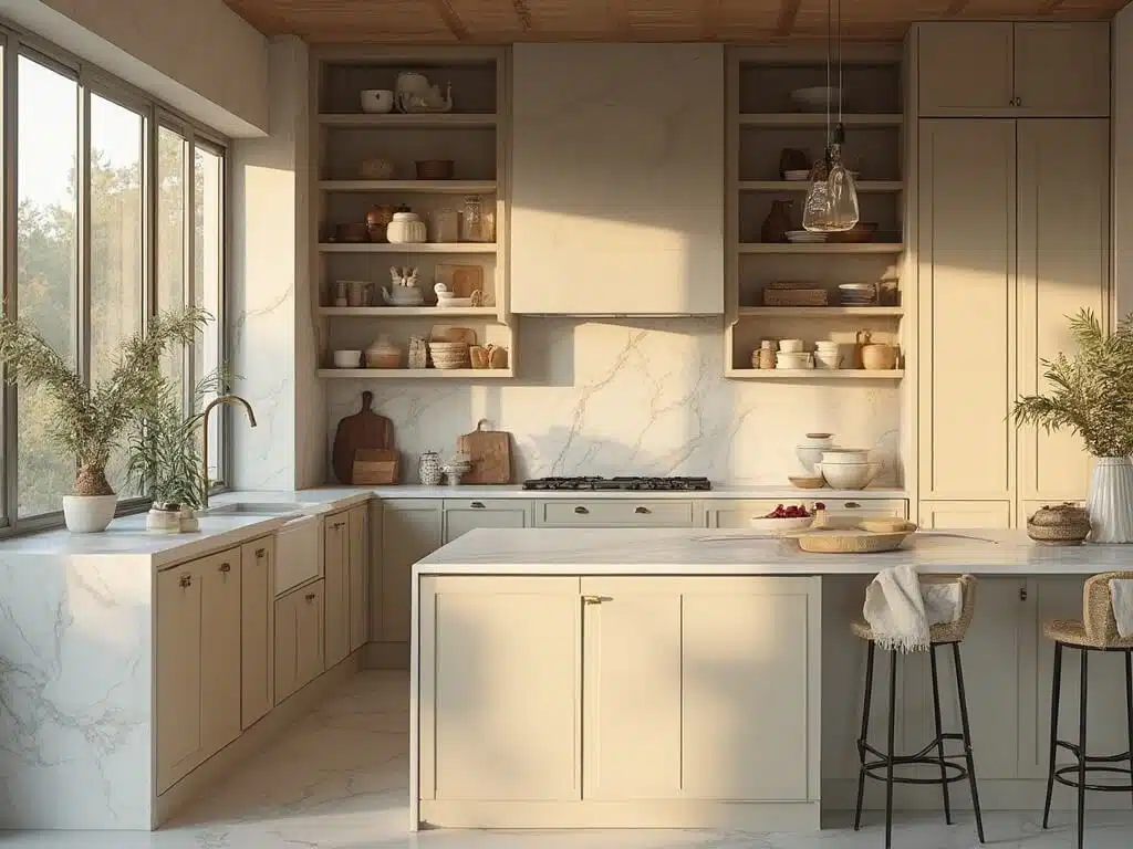 "Sophisticated kitchen with greige cabinets, brass hardware, marble countertops, and natural textures in golden hour light"