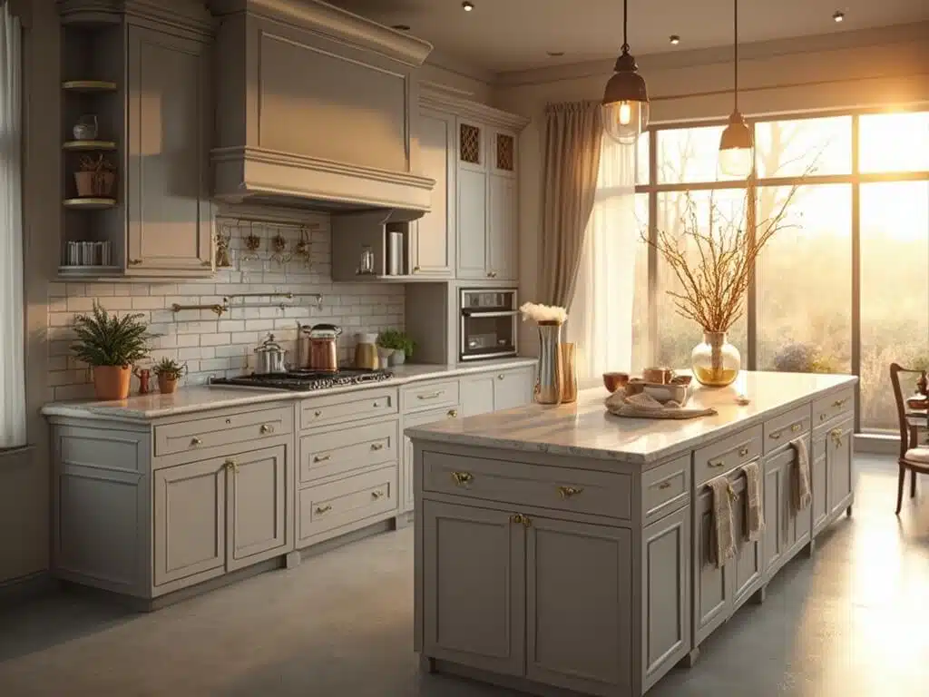 "Luxurious grey kitchen with marble countertops and brass hardware bathed in golden hour sunlight"