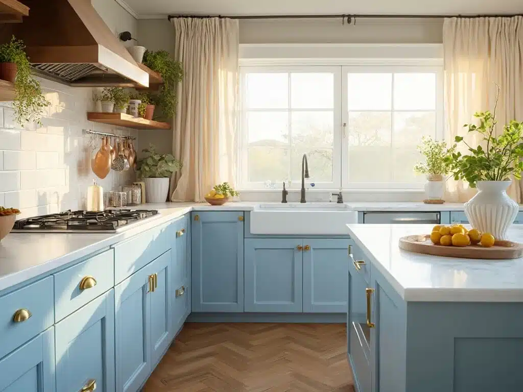 "Light blue Shaker-style kitchen cabinets with brass hardware, marble countertops, and white subway tile backsplash in a sunlit setting with coastal and Mediterranean decor elements."