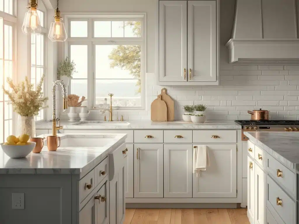 "Spacious light gray kitchen with marble countertops, brass hardware, and warm sunlight illuminating the neatly arranged dishes and homey accents."