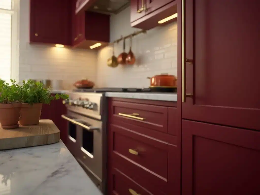 "Luxurious burgundy Shaker-style kitchen cabinets with brass hardware and marble countertops during golden hour"