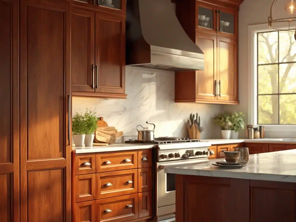 "Luxurious kitchen with cherry wood cabinets and marble countertops under warm golden hour lighting"