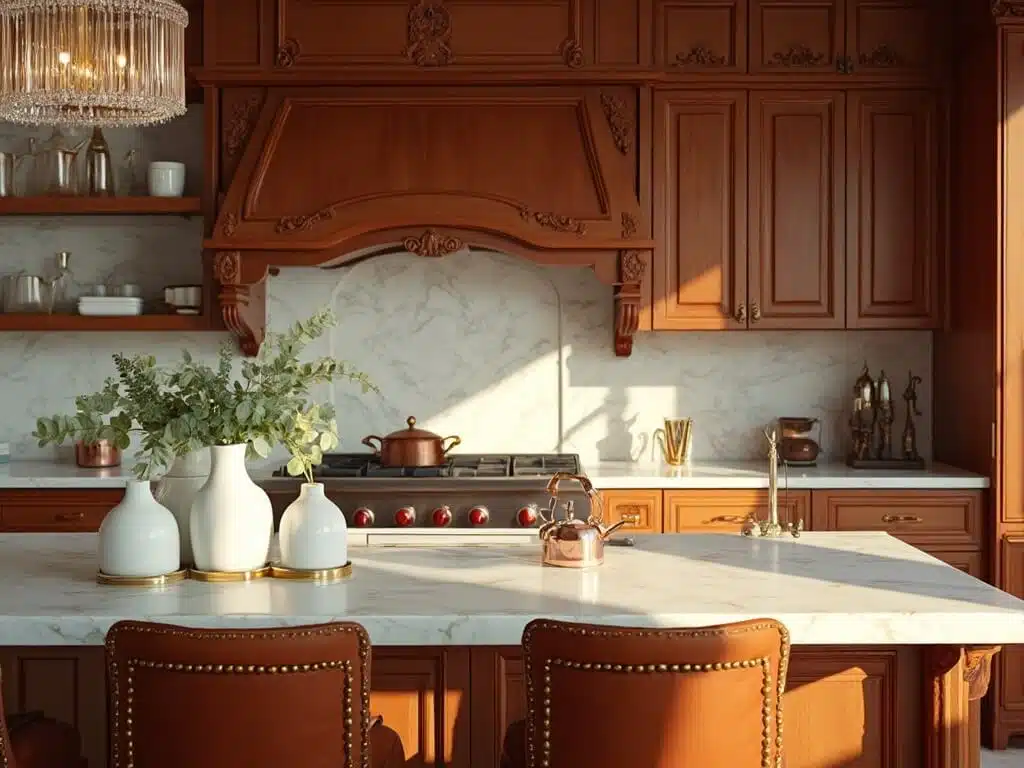 "Luxurious kitchen with cherry wood cabinets, marble countertops, brass hardware, and morning sunlight streaming in through windows."
