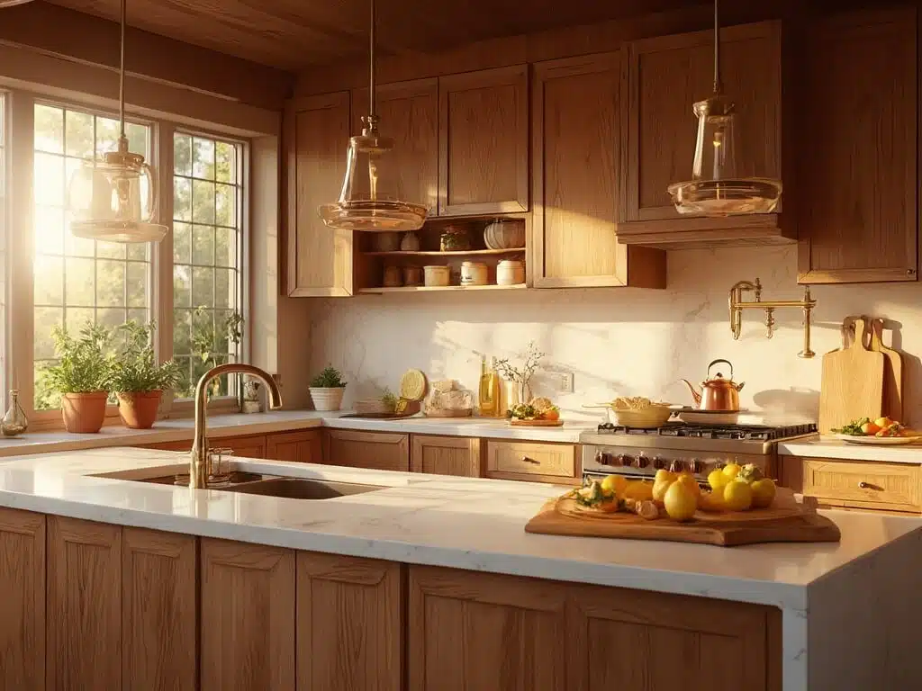 "Luxurious kitchen with red oak cabinets in warm golden light, brass hardware, white marble island, and artisanal decor items"