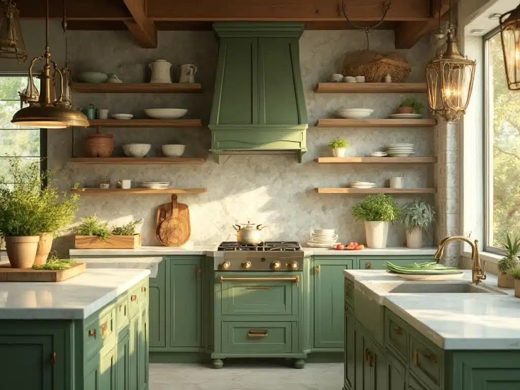 "Luxurious sage green kitchen with brass hardware, marble countertops, and lively natural accents"