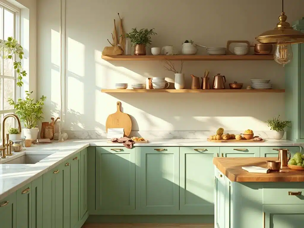 "Sunlit modern kitchen with mint green cabinets, brass hardware, marble countertops, wooden accents and vintage decor"